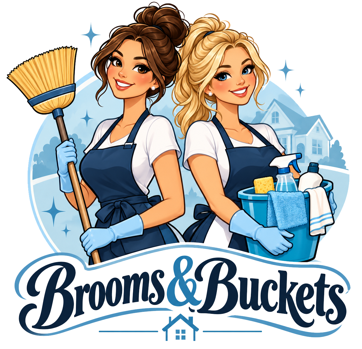 Brooms & Buckets full logo, with the two mascots above the wordmark.