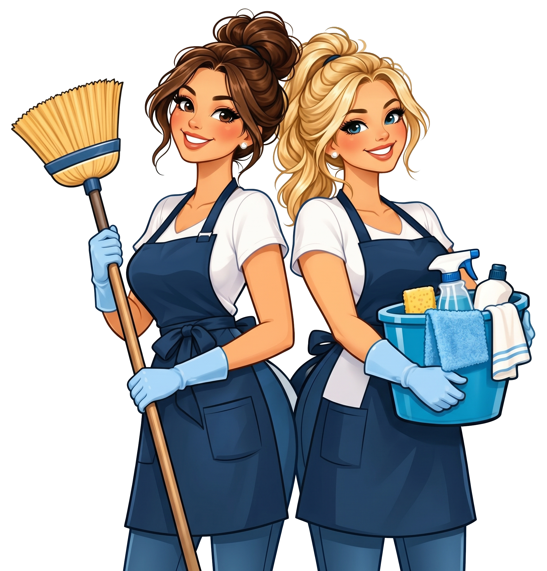 Two illustrated women in navy aprons, one holding a broom and the other a blue bucket of supplies.