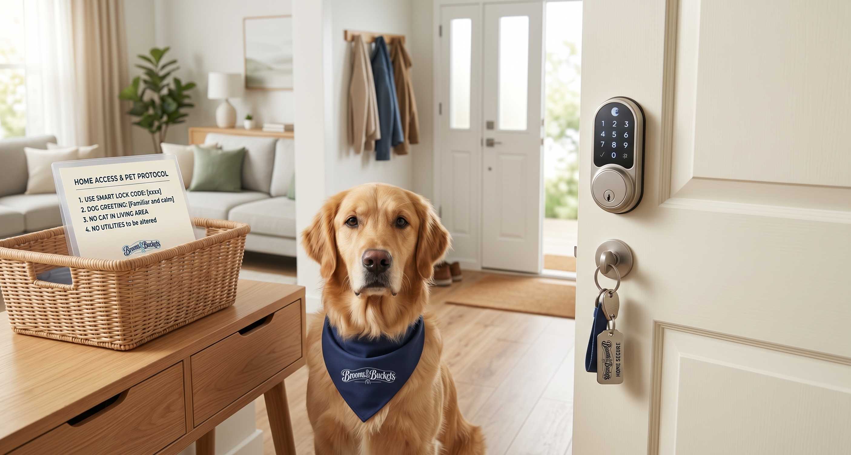 A golden retriever in a Brooms & Buckets bandana by a door with a keypad lock.